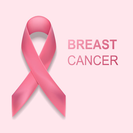 Pink ribbon with text vector, isolated on background. Breast cancer awareness symbol in october. Realistic ribbon. Vector illustrationのイラスト素材