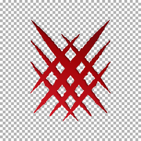 Monster tear claw scratch, cross mark. Llion break paper isolated on transparent background. Red Claws scratching animal tiger. Vector illustration.のイラスト素材