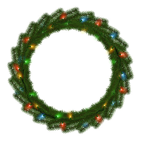 Green Christmas wreath with light string vector isolated on white background. Xmas round garland decoration effect. Ring frame of branch christmas tree and light. Vector illustration.のイラスト素材