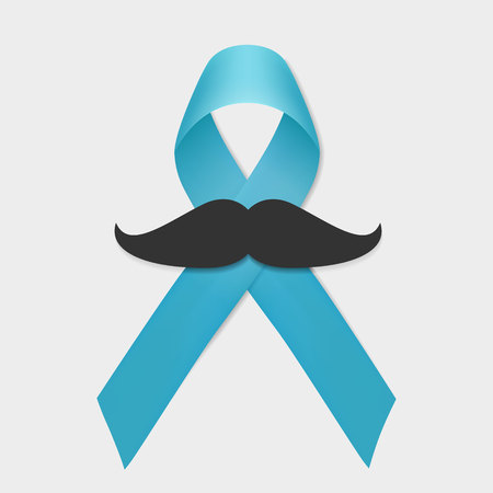 Prostate cancer blue ribbon and mustache isolated. November support men day vector. Prostate cancer awareness symbol. Vector ribbon illustration.のイラスト素材