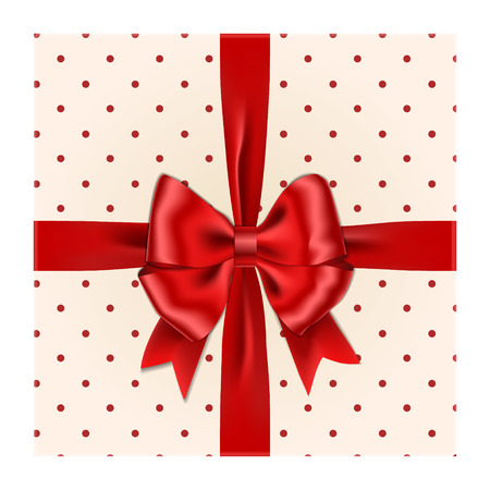 Red ribbon bow with gift box vector isolated on white background. Realistic ribbon bow top-down view. Xmas gift with bow decoration. Vector illustration.のイラスト素材