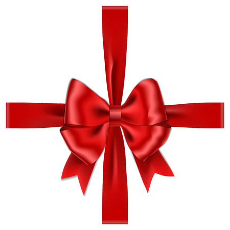 Red ribbon bow vector isolated on white background. Realistic ribbon bow top-down view. Gift bow decoration. Vector illustration.のイラスト素材