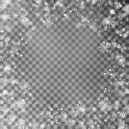 Snowflake border vector isolated on transparent background. Christmas falling snow frame. Winter xmas magic snow flake, frame decoration. Vector illustration.のイラスト素材