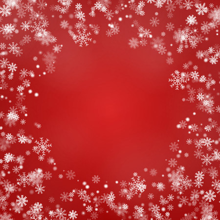 Snowflake round border vector isolated on red background. Christmas falling snow frame. Winter xmas magic snow flake, frame decoration. Vector illustration.のイラスト素材