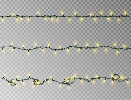 Christmas lights string seamless vector. Transparent color effect decoration isolated. Realistic Christmas garland pattern. Winter xmas lights string. Vector banner illustration.のイラスト素材