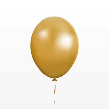 Gold balloon vector. Party baloon with ribbon and shadov isolated on white background. Flying 3d ballon template. Birthday decoration symbol. Vector illustration.のイラスト素材