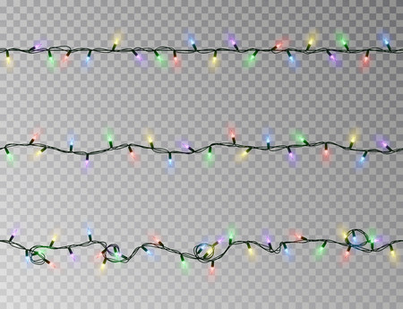 Christmas lights string seamless vector. Transparent color effect decoration isolated. Realistic Christmas garland pattern. Winter xmas lights string. Vector banner illustration.のイラスト素材