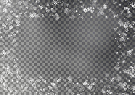 Snowflake border vector isolated on transparent background. Christmas falling snow frame. Winter xmas magic snow flake, frame decoration. Vector illustration.のイラスト素材
