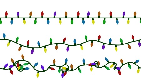Christmas lights string seamless vector. Color Xmas garland isolated on white background. Hanging old fashion light string pattern. Vector illustration.のイラスト素材