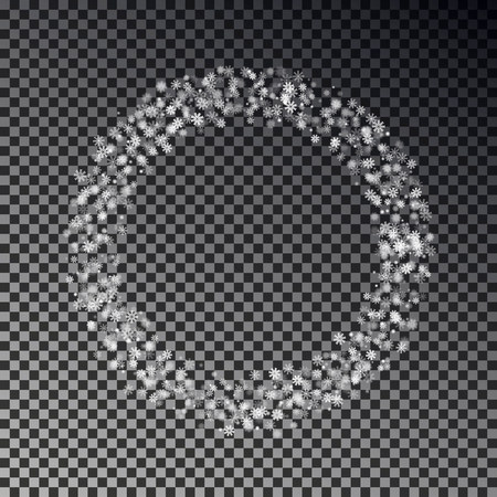 Christmas ring of falling snow vector isolated on transparent background. Snowflake circle decoration. Xmas wreath effect. Magic white circle texture. Vector illustration.のイラスト素材