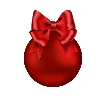 Christmas red ball with ribbon bow handing on string. Xmas vector bauble isolated on white background. New Year bow decoration element. Vector illustration.のイラスト素材