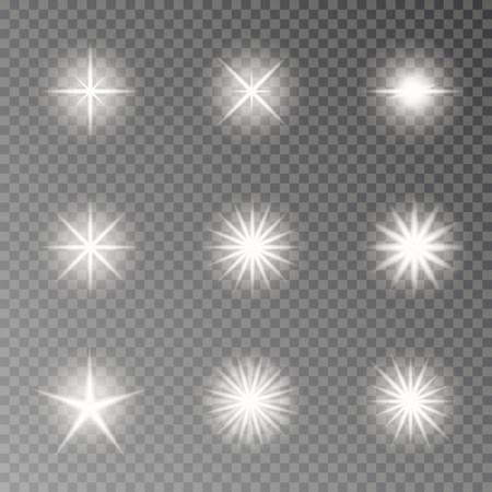 Flash light camera effect vector. Twinkle sparkle isolated on transparent background. Glare lens collection. Flare light decoration elements. Vector illustration.のイラスト素材
