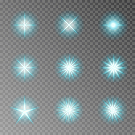 Blue twinkle sparkle vector isolated on transparent background. Flash light camera effect. Glare lens collection. Flare light decoration elements. Vector illustration.のイラスト素材