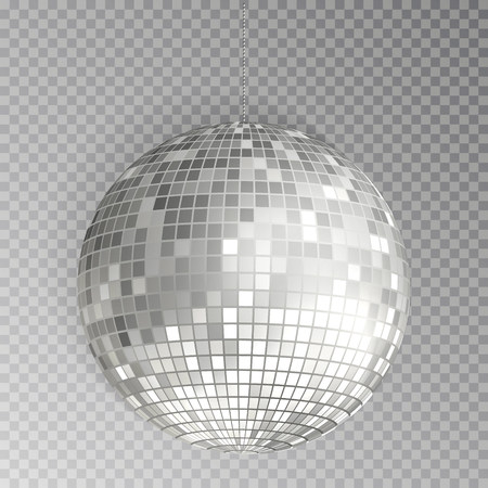 Glitter disco ball vector. Silver mirrorball isolated. Discoball shine light effect. Night club decoration. Vector illustration.のイラスト素材