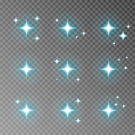 Blue twinkle sparkle vector isolated on transparent background. Flash light camera effect. Glare lens collection. Flare light decoration elements. Vector illustration.のイラスト素材