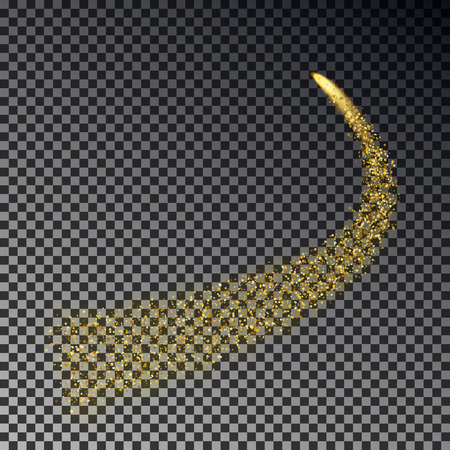 Golden sparkling falling star dust isolated on dark background. Vector stardust trail transparent. Glittering wave magic light effect transparent. Comet fall illustration.のイラスト素材