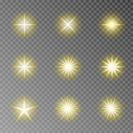 Golden twinkle sparkle vector isolated on transparent background. Flash light camera effect. Glare lens collection. Flare light decoration elements. Vector illustration.のイラスト素材