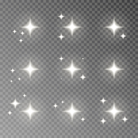 Twinkle sparkle vector isolated on transparent background. Flash light camera effect. Glare lens collection. Flare light decoration elements. Vector illustration.のイラスト素材