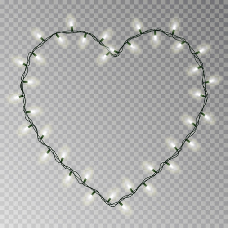 Christmas lights heart vector. Transparent light garland isolated on transparent background. Realistic light effect for Valentines day. Glowing Xmas lights string. Vector illustration.のイラスト素材
