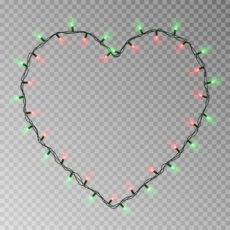 Christmas lights heart vector. Transparent light garland isolated on transparent background. Realistic light effect for Valentines day. Glowing Xmas lights string. Vector illustration.のイラスト素材