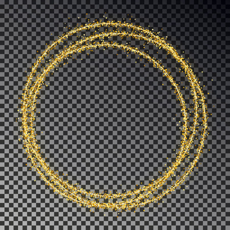 Golden glitter ring isolated on dark background. Shine gold circle of sparkle particles. Magic Christmas light circle effect, transparent. Vector illustration.のイラスト素材