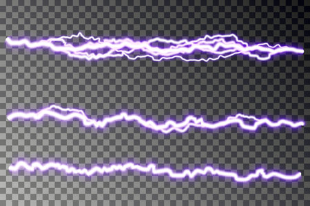 Lightning blast vector isolated on checkered background. Electric discharge. Thunderbolt or lightning visual transparent effect. Energy blast plasma, spark line. Vector illustration.のイラスト素材