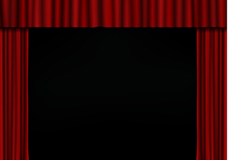 Red open curtain in theater. Velvet fabric cinema curtain vector. Opened curtains decoration. Dark drama stage background. Vector illustration.のイラスト素材