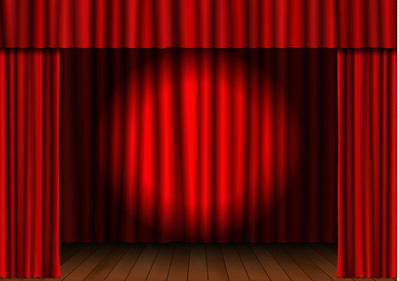 Red open curtain with spotlight and wood floor in theater. Velvet fabric cinema curtain vector. Opened curtains decoration. Dark drama stage background. Vector illustration.のイラスト素材