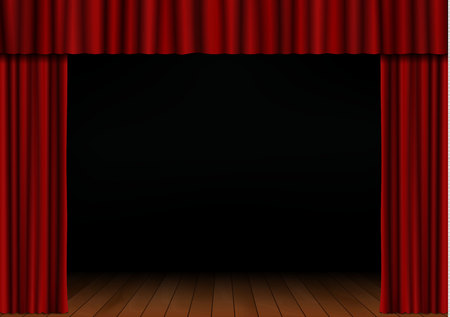 Red open curtain with spotlight and wood floor in theater. Velvet fabric cinema curtain vector. Opened curtains decoration. Dark drama stage background. Vector illustration.のイラスト素材