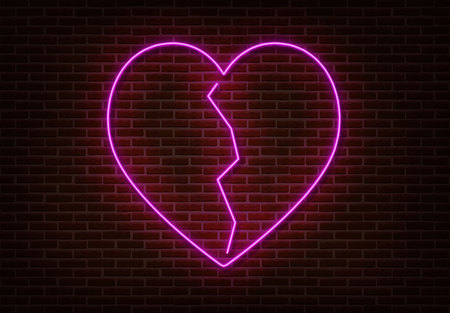 Neon crack heart sign vector isolated on brick wall. Light heart, shop decoration element. Neon love symbol.のイラスト素材