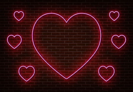 Neon pink heart sign vector isolated on brick wall. Light heart, shop decoration element. Neon love symbol.のイラスト素材