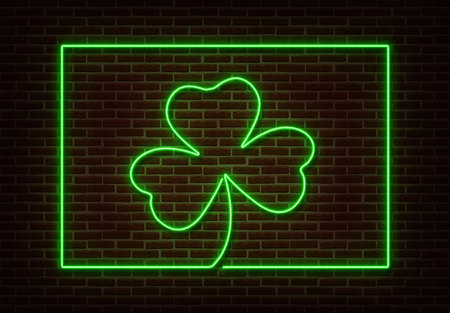 Neon green Shamrock with frame sign vector isolated on brick wall. Light Happy Patric shop decoration element. Neon luck symbol.のイラスト素材
