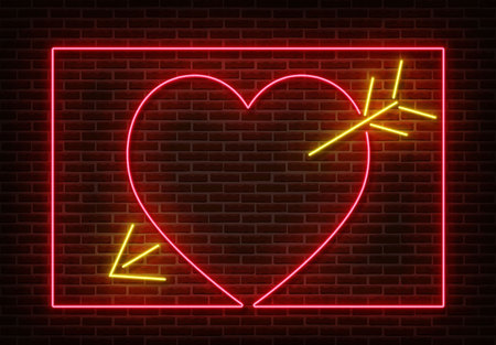 Neon heart with arrow sign vector isolated on brick wall. Light heart frame, shop decoration element. Neon love symbol.のイラスト素材