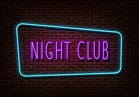 Neon night club sign vector. Light banner isolated on brick wall. Neon text light template for night bar, casino, hotel, shop. Light design. Vector illustration.のイラスト素材