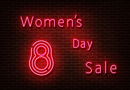 Neon Womens day sale sign vector. Shopping light isolated on brick wall. Neon light template for night bar, casino, hotel, shop, club. Light design. Vector illustration.のイラスト素材