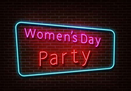 Neon Womens Party sign vector. Women's day light isolated on brick wall. Neon light template for night bar, casino, hotel, shop, club. Light design. Vector illustration.のイラスト素材