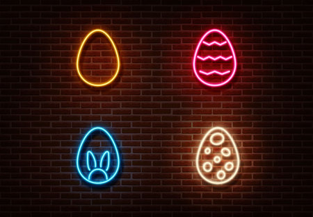 Neon color eggs sign vector isolated on brick wall. Easter light symbol, decoration effect. Neon eggs illustration.のイラスト素材