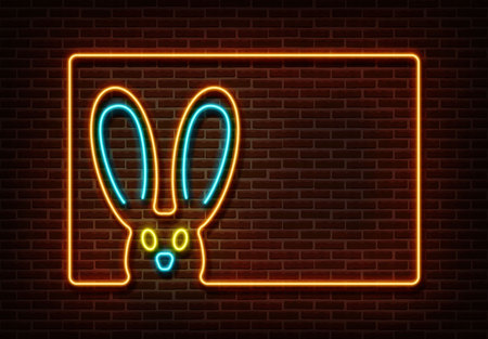 Neon color happy easter sign vector isolated on brick wall. Rabbit with frame light symbol, decoration effect. Neon rabbit illustration.のイラスト素材