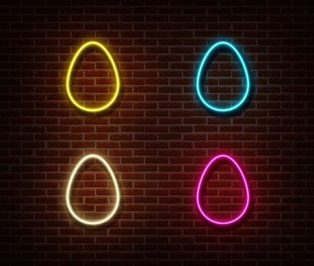 Neon color eggs sign vector isolated on brick wall. Easter light symbol, decoration effect. Neon eggs illustration.のイラスト素材