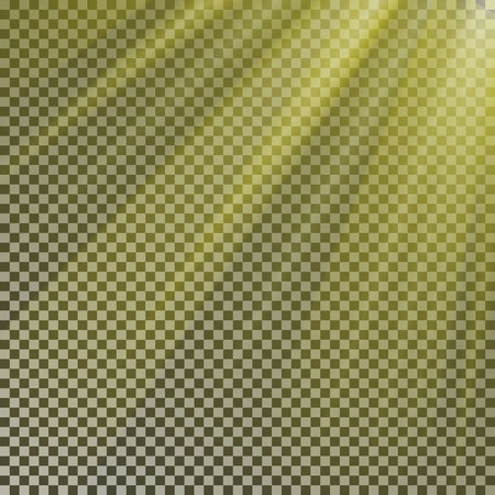 Sun ray light isolate on background vector. Transparent glow yellow sunlight effect. Realistic glare sun ray. Shine light texture design illustration.のイラスト素材