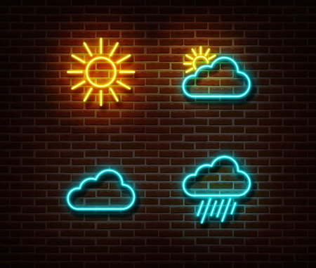 Neon weather sign vector isolated on brick wall. Cloud and sun color light symbol, decoration effect. Neon cloud illustration.のイラスト素材