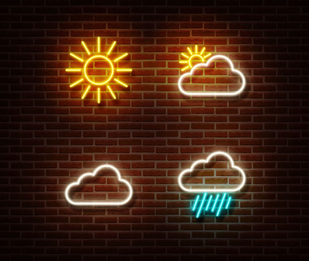 Neon weather sign vector isolated on brick wall. Cloud and sun color light symbol, decoration effect. Neon cloud illustration.のイラスト素材