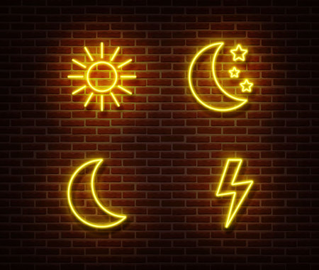 Neon weather sign vector isolated on brick wall. Sun, moon, star, lightning light symbol, decoration effect. Neon forecast illustration.のイラスト素材
