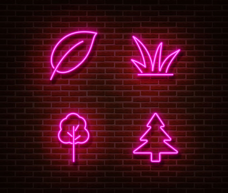 Neon nature sign vector isolated on brick wall. Tree and leaf light symbol, decoration effect. Neon nature illustration.のイラスト素材