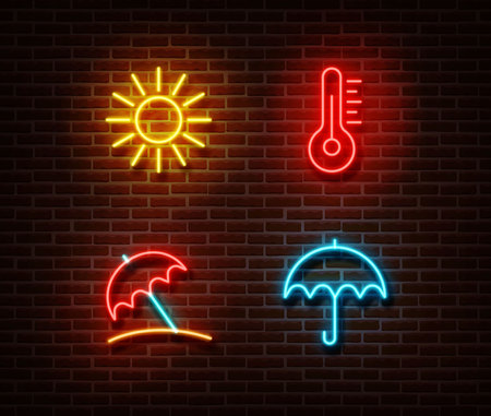 Neon color summer signs vector isolated on brick wall. Sun, temperature, umbrella light symbol, Summer yellow, pink, blue decoration effect. Neon summer illustration.のイラスト素材