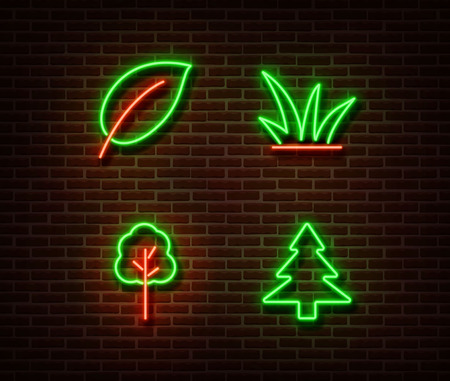 Neon nature sign vector isolated on brick wall. Tree and leaf light symbol, decoration effect. Neon nature illustration.のイラスト素材