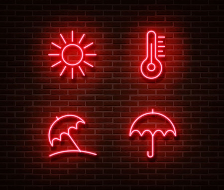 Neon weather sign vector isolated on brick wall. Summer light symbol, decoration effect. Neon vacation illustration.のイラスト素材