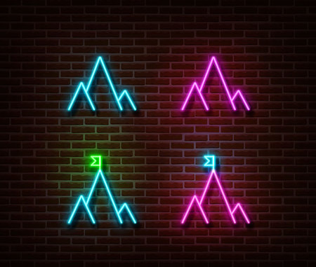 Neon mountain sign vector isolated on brick wall. Travel camp light symbol, decoration effect. Neon mountain illustration.のイラスト素材