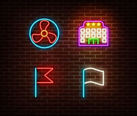 Neon fan, hotel, flags signs vector isolated on brick wall. light symbol, decoration effect. Neon illustration.のイラスト素材