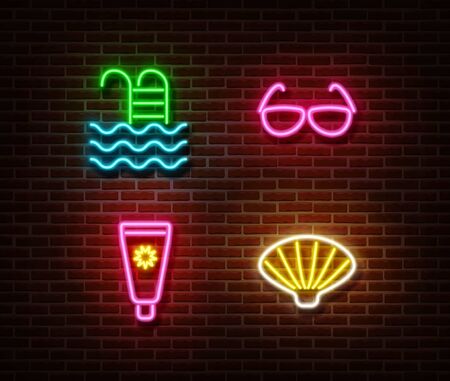 Neon swimming pool,sunglasses, sunscreen, shell signs vector isolated on brick wall. Summer relax light symbols, beach decoration effect. Neon illustration.のイラスト素材